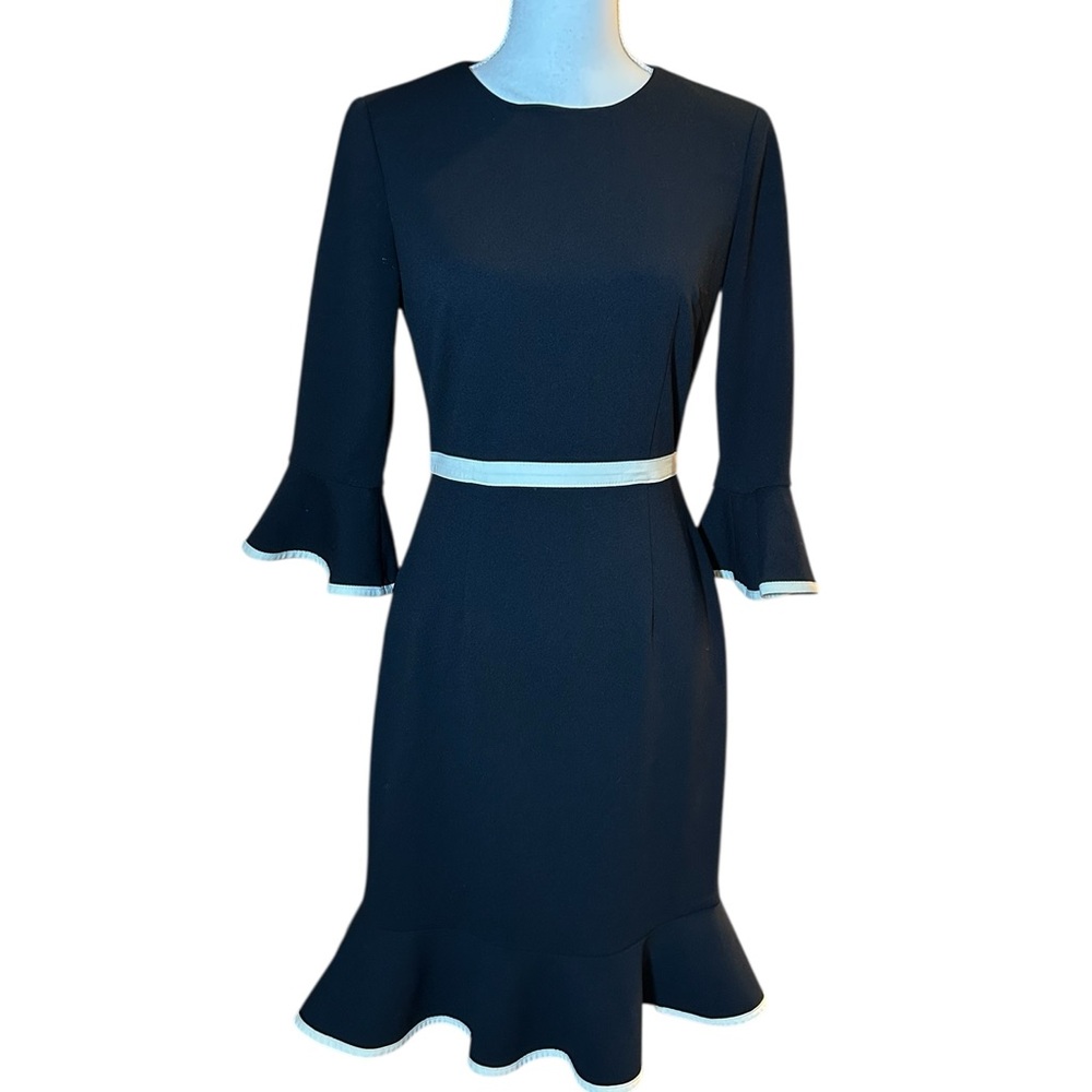 Donna Morgan Kendall Black with Cream Piping 3/4 Bell Sleeve Dress